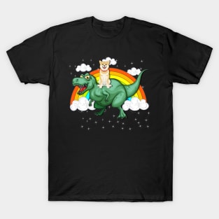 T Rex Dinosaur Riding Shiba Inu Dog T-Shirt